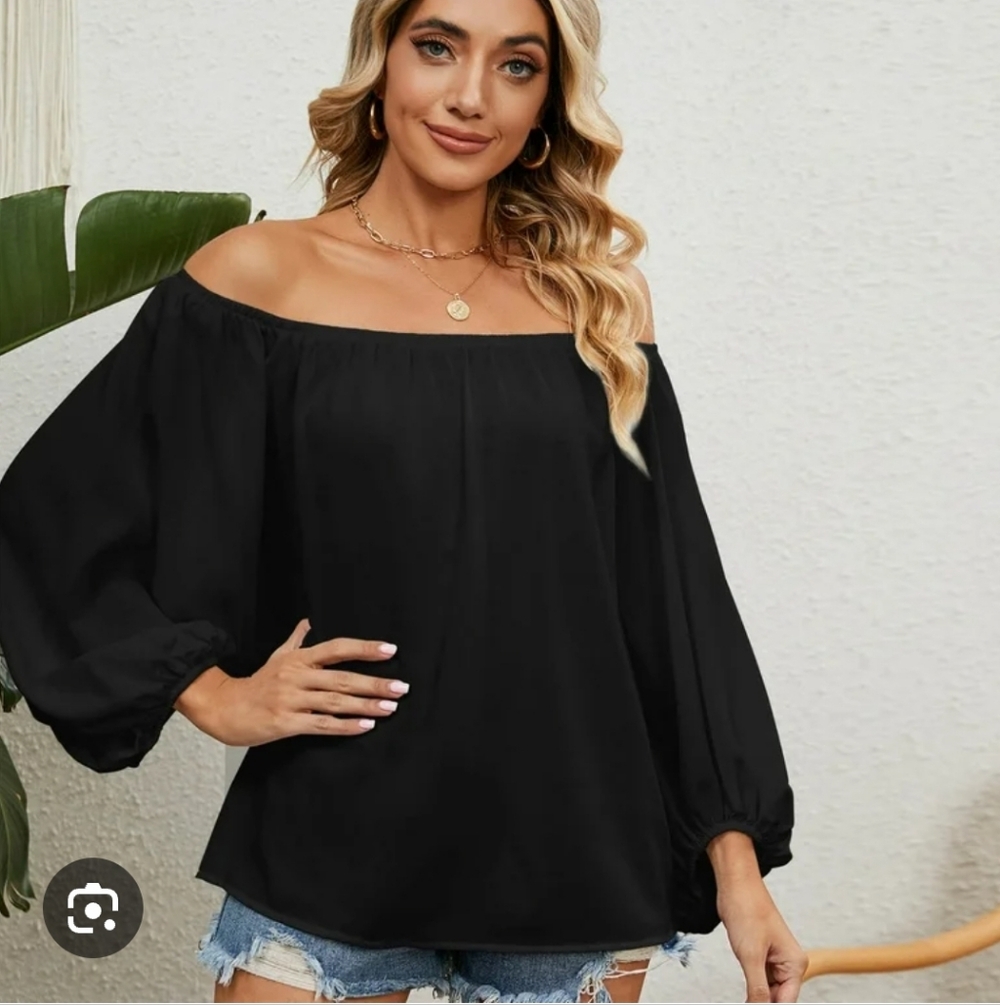 Black Off-Shoulder Lantern Sleeve Modern Classy Timeless Top, Size Small